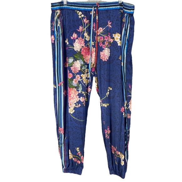 🌸 Johnny Was Womens XL Blue Silk Floral Jogger Pants 🌸 - Picture 1 of 10